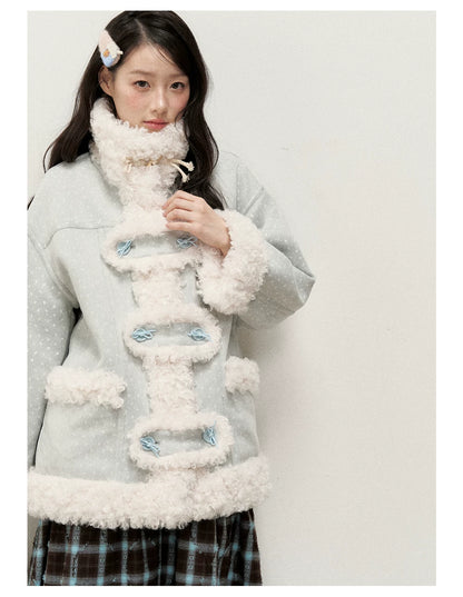 RF - Mist Blue Bow Print Suede-Look Jacket with Cream Curly Faux Fur Trim