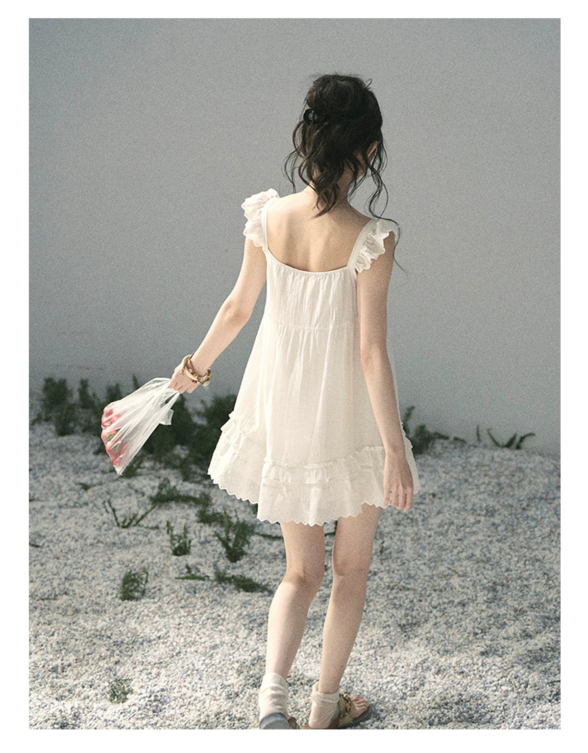 "Shimmer Along the Hem" Cloud White Lace Flutter Sleeve Babydoll Mini Dress 53413
