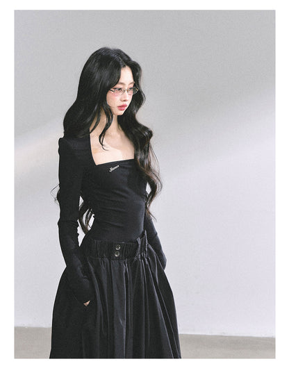 少也眼 "K-Show Muse" Elegant French Hepburn Long-Sleeve Dress - Black 47867864