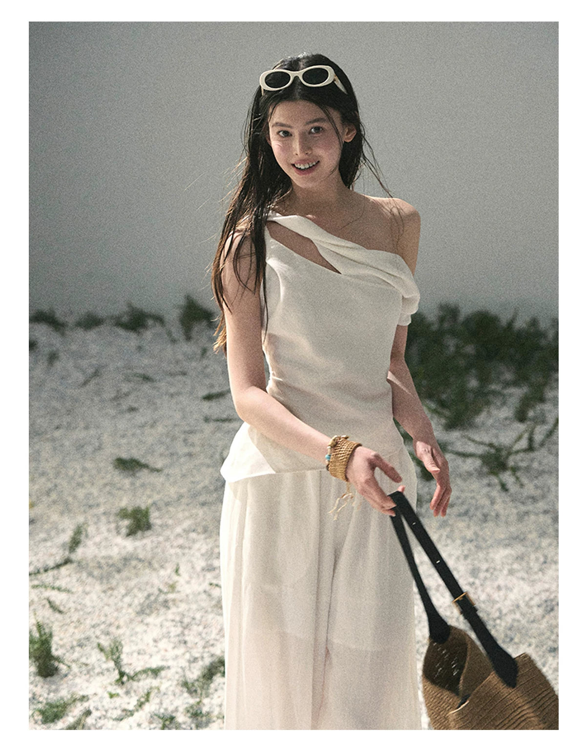 “Cloud Threads Falling at the Shoulder” Ivory Linen-Blend Two-Piece Set