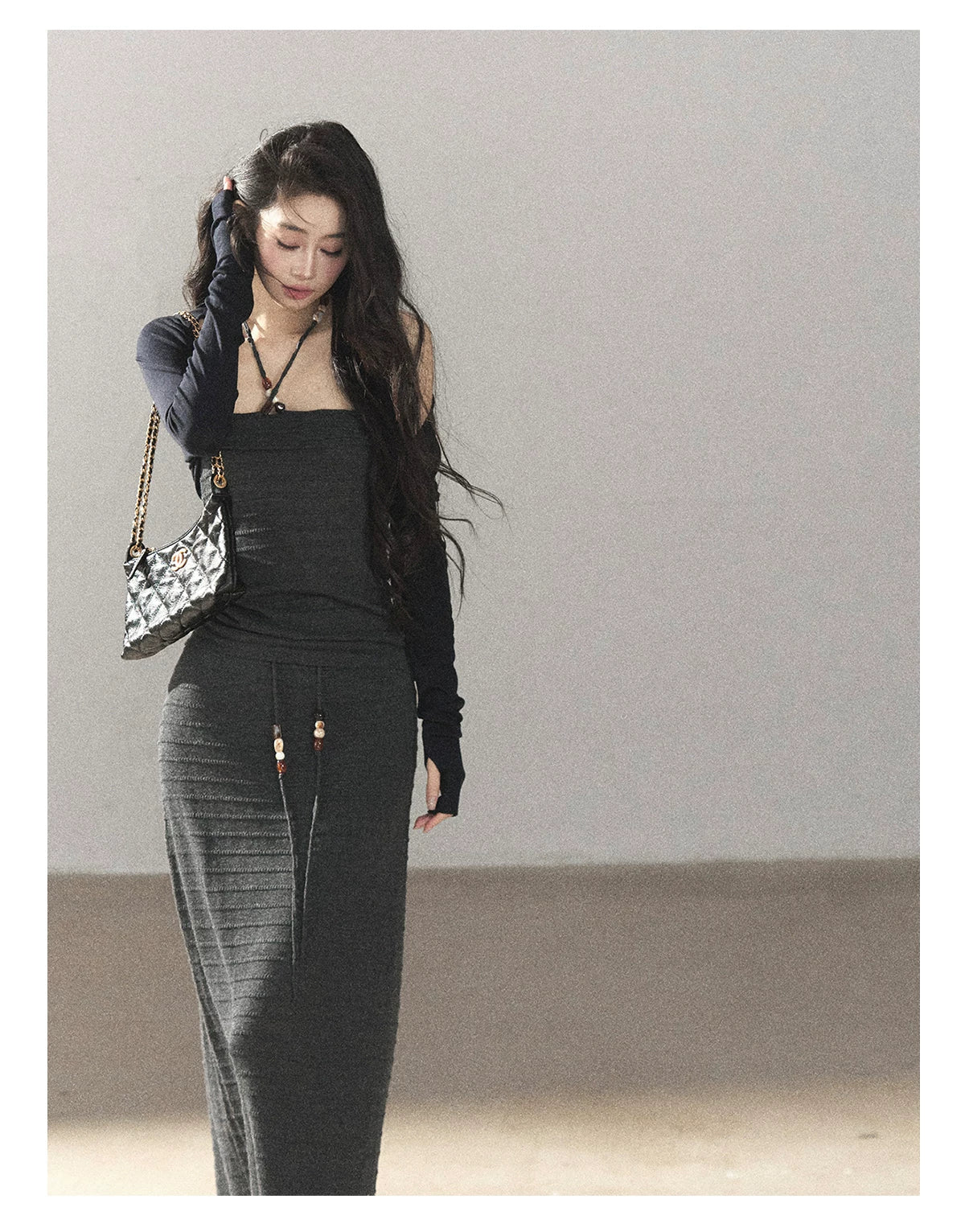 AOMALM - Whale Gray Convertible Knit Tube Top & Maxi Skirt Set