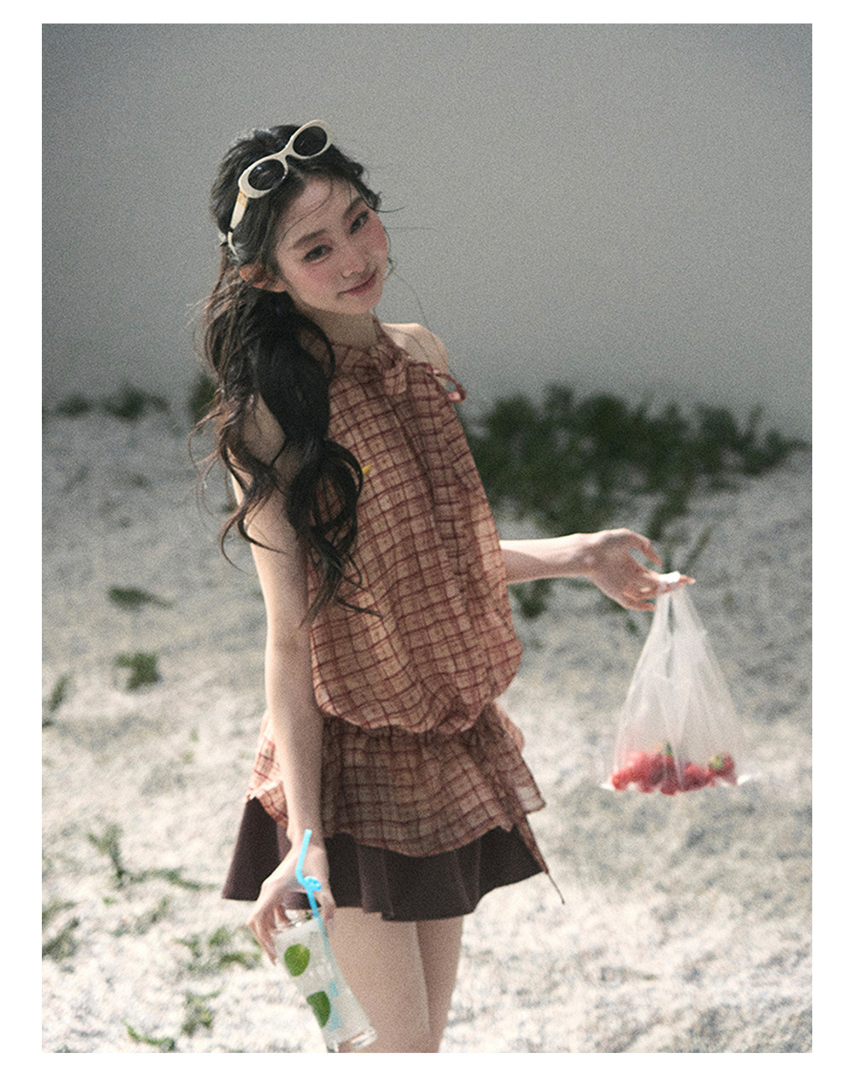 “Maple Whisper” Rust Red Halter Plaid Slim Tee
