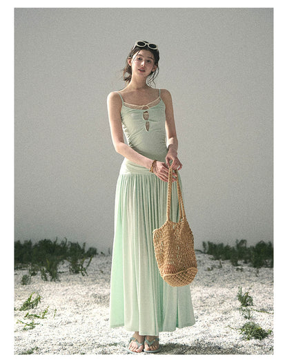 “Mint Afterglow” Jade Green Twist Cutout Top & Maxi Skirt