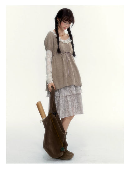 “Cloud Pleats” Chestnut Mist U-Neck Bow-Tie Puff Sleeve Knit Sweater