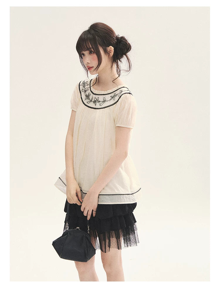 "Black & White Sonata" Polka Dot Mesh Tiered Jellyfish Skirt (White/ Black)