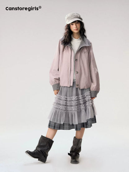 [CAN] "Lavender Plaid Notes" Dusty Purple Plaid Double Collar Cropped Jacket