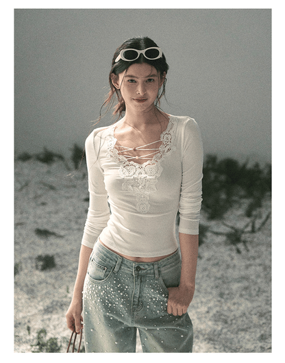 “Lace Summer Haven” Frost White Lace V-Neck Top