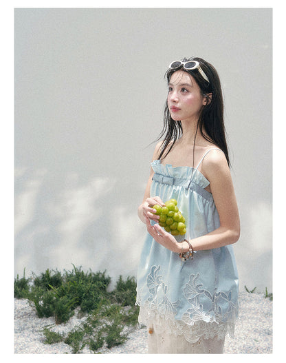“Bouquet Summer” Glacier Blue Lace Babydoll Top
