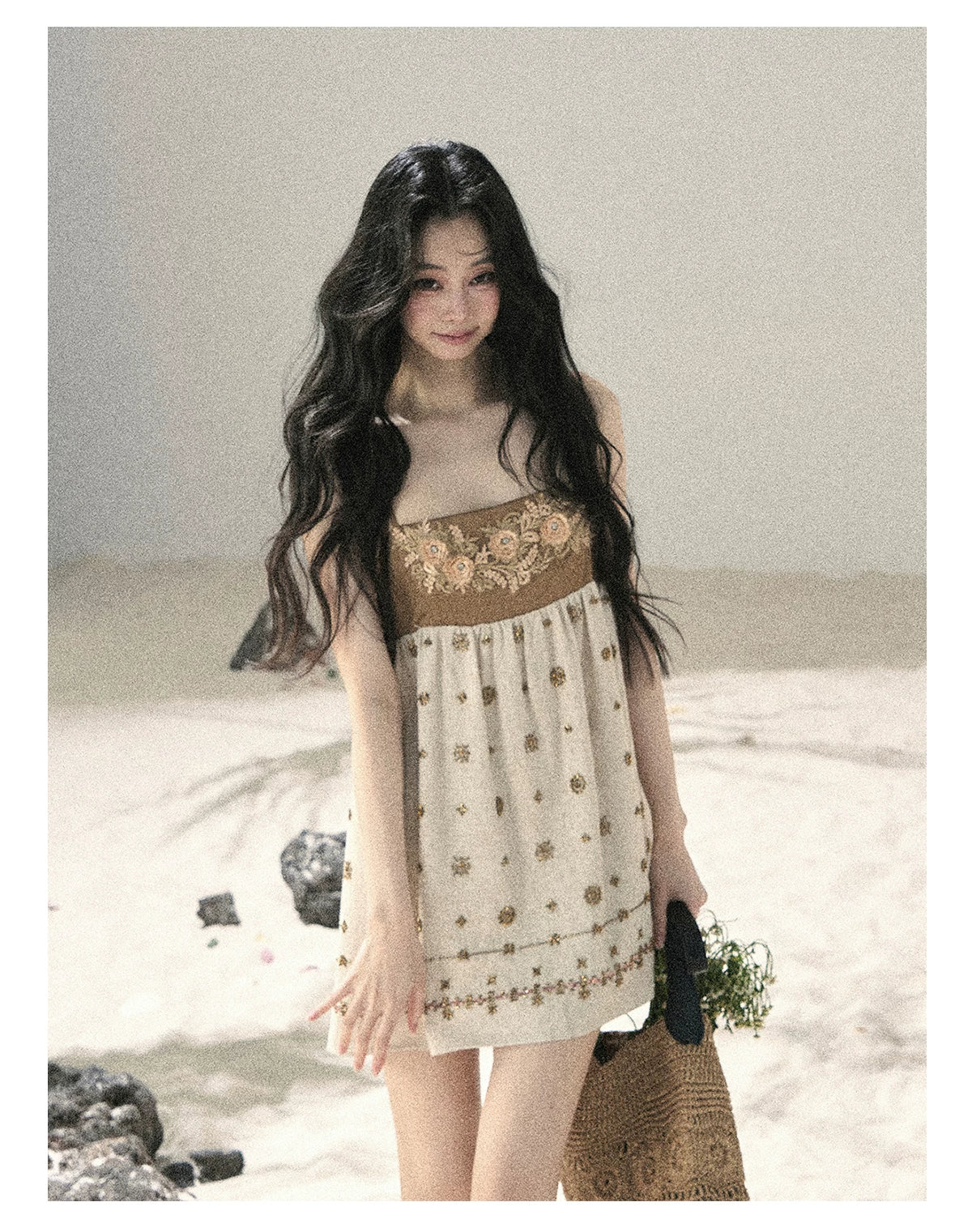 "Whispers Through the Wheat Fields" Oat Beige Floral Cami Babydoll Mini Dress