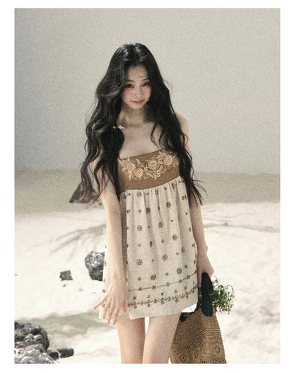 "Whispers Through the Wheat Fields" Oat Beige Floral Cami Babydoll Mini Dress