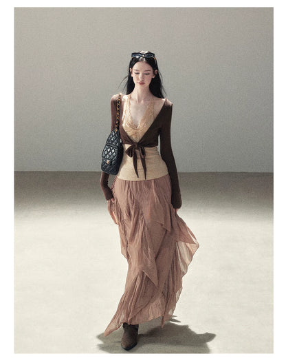 AOMALM - "Tender in This Moment" Rich Cocoa Faux Two-Piece Lace Top