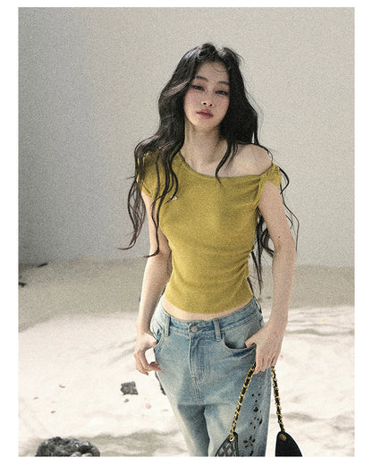 "Shape of the Wind" Forest Green One-Shoulder Twist Crop Top 6556585