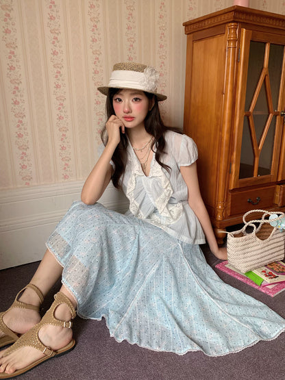 “Blue Breeze Sonata” Blue Ruffle Lace Blouse