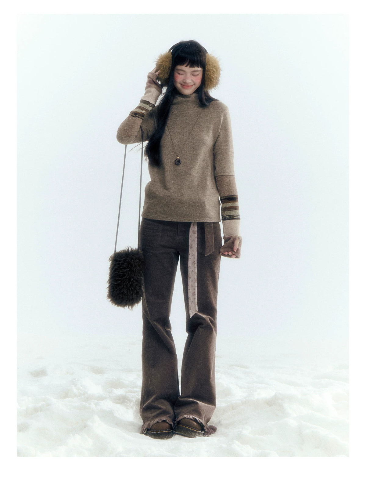 Horridale - Light Brown Colorblock High Cowl Neck Long Sleeve Top