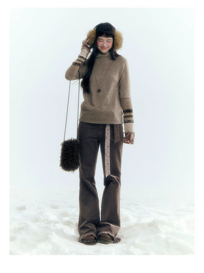 Horridale - Light Brown Colorblock High Cowl Neck Long Sleeve Top