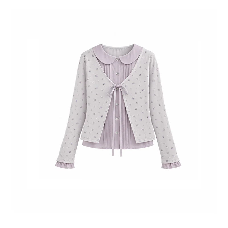 DAILY ARTIST - Purple Floral Faux-Layered Doll-Collar Knit Cardigan