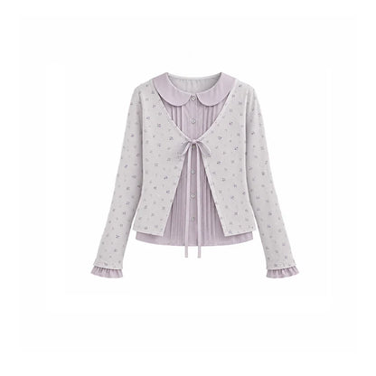 DAILY ARTIST - Purple Floral Faux-Layered Doll-Collar Knit Cardigan