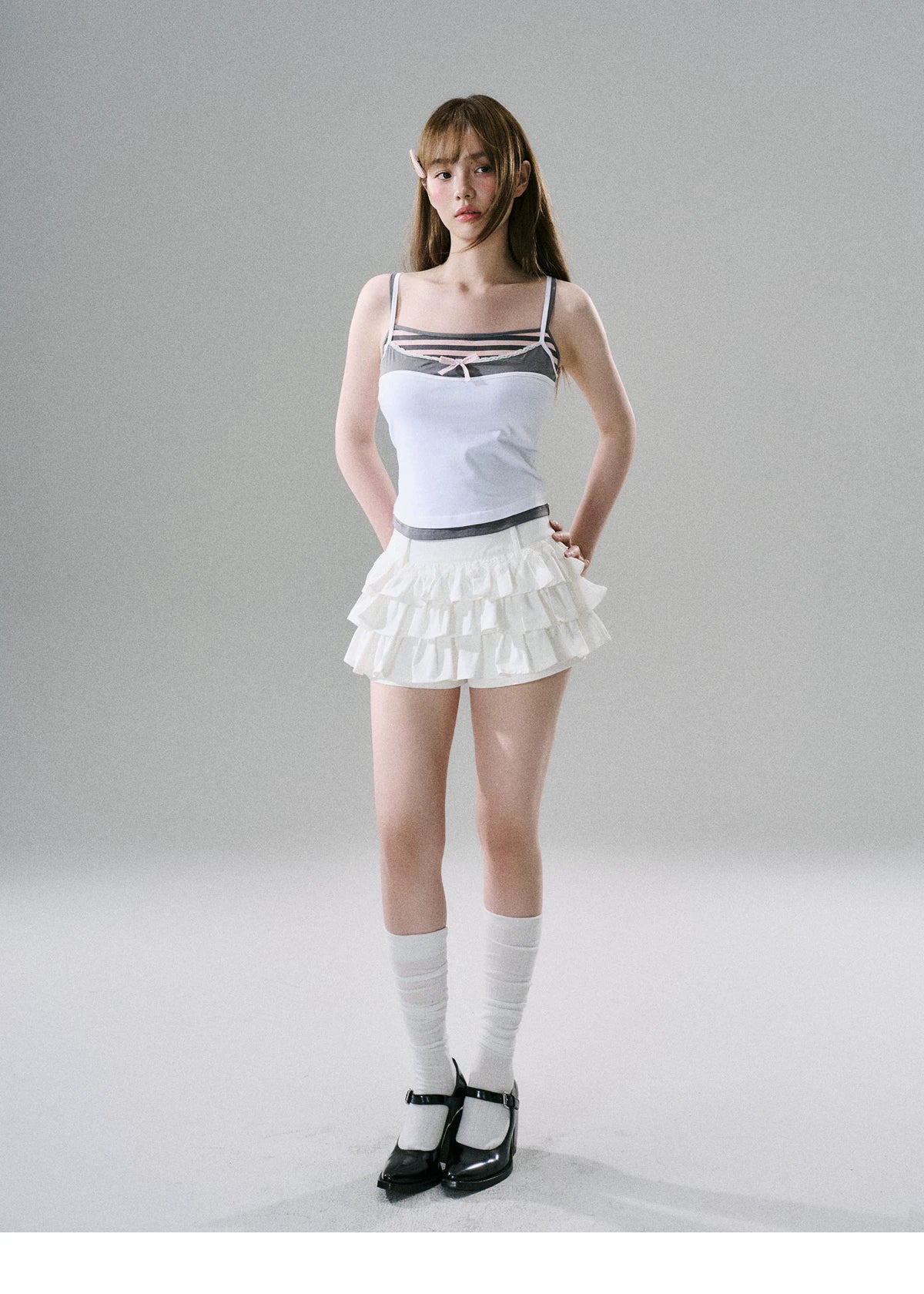 LOST FOREST - White Cotton Ruffle Utility Skirt