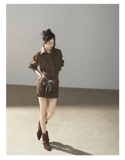AOMALM - "A Promise Beneath the Oak" Crabapple Brown Plaid Shirt Dress with Belt