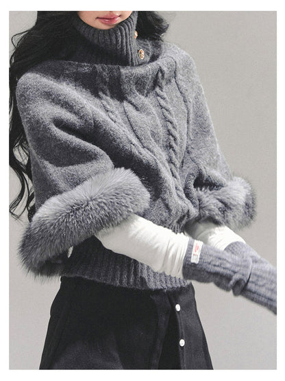 少也眼 “Only She Remains Awake" Gray Mohair High-Neck Knit Sweater (with detachable faux fur)