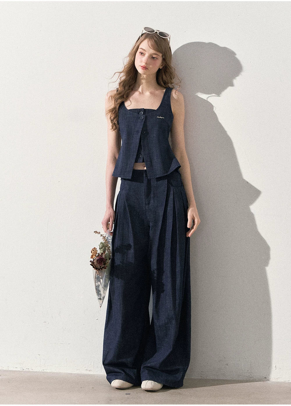 "Season of Ease" Vintage Navy Faux Denim Vest & Wide-Leg Pants Set