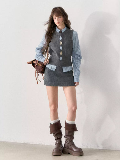 [TMMG] British Collegiate Gray Diamond Knit 3-Piece Set