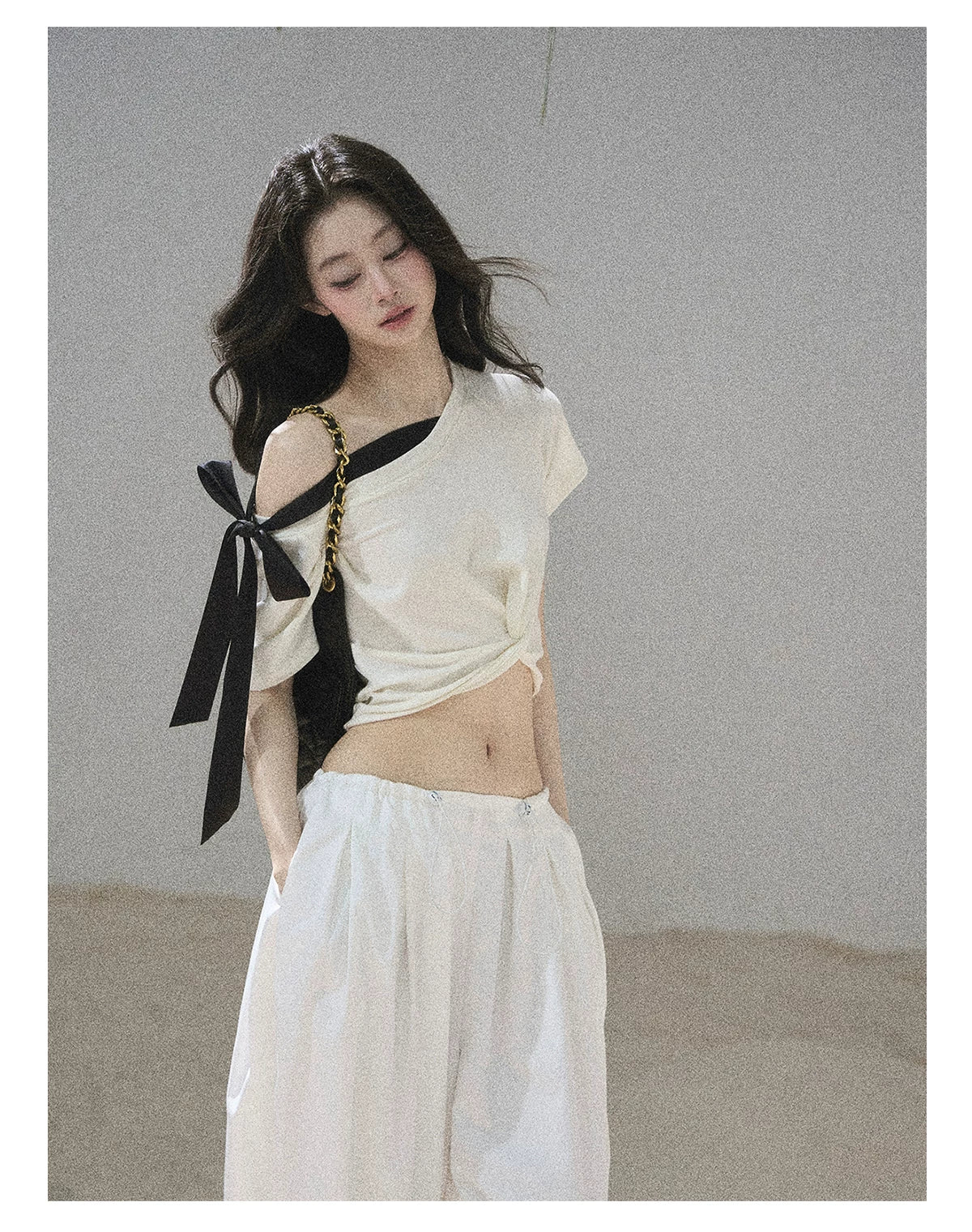 "Moonlight Upon Her" Creamy Apricot Off-Shoulder Twist Cropped T-Shirt