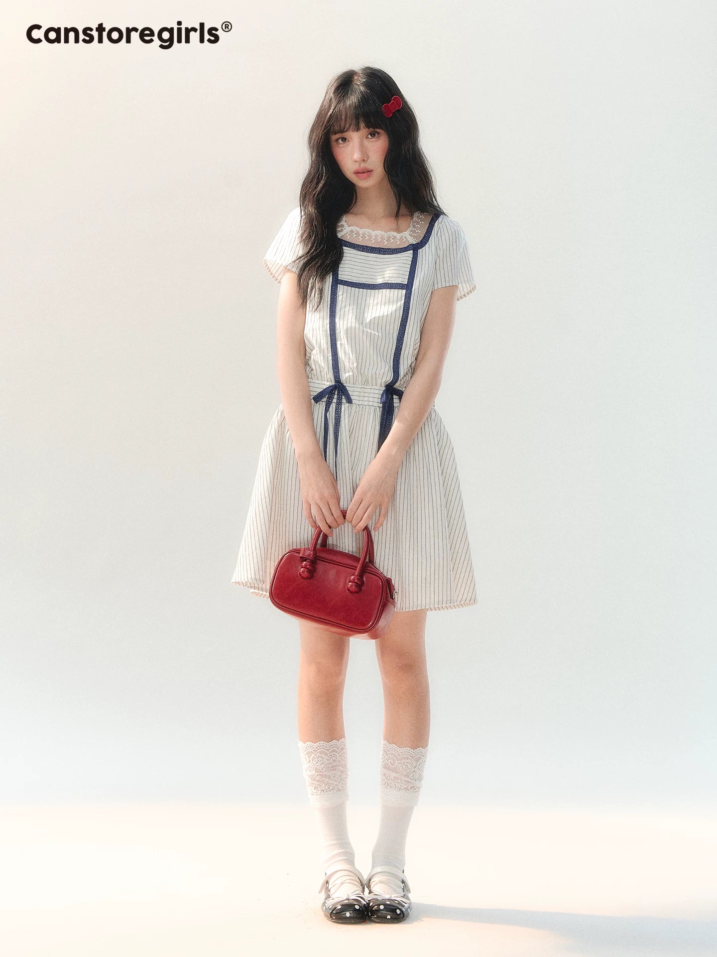170726C "Midsummer Whisper" White Lace Collar Tie-Waist Dress