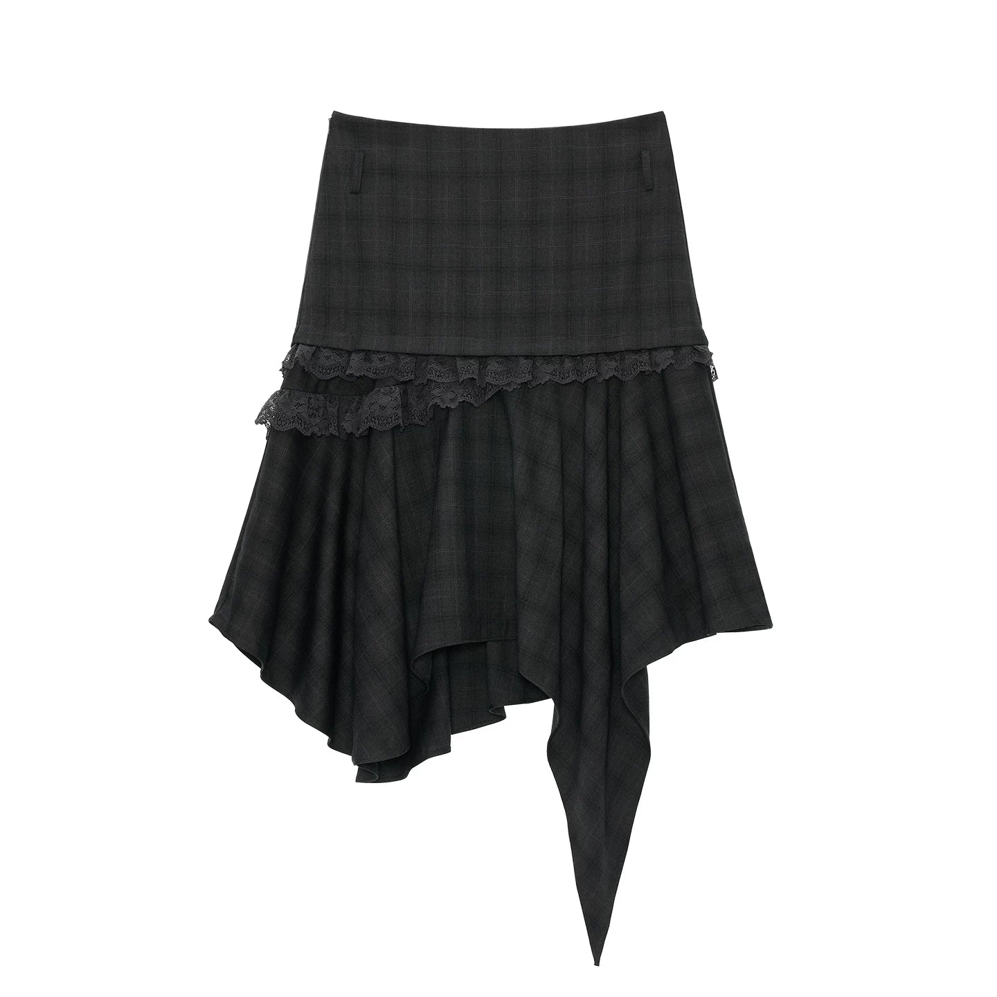 Grey Plaid Asymmetrical Lace Midi Skirt