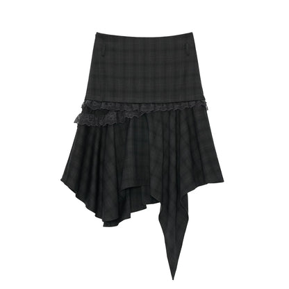 Grey Plaid Asymmetrical Lace Midi Skirt