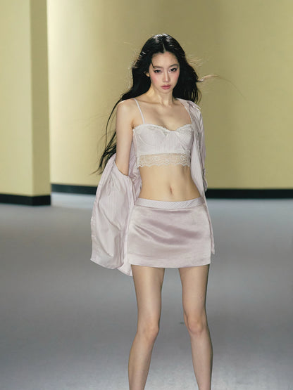 "Rosé Study Session" Pink Stripe Shirt, Lace Corset Cami & Champagne Skort Set