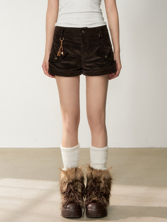 Soote Season - "Vintage Cocoa Mood" Chocolate Brown Corduroy Low-Rise Pocket Shorts