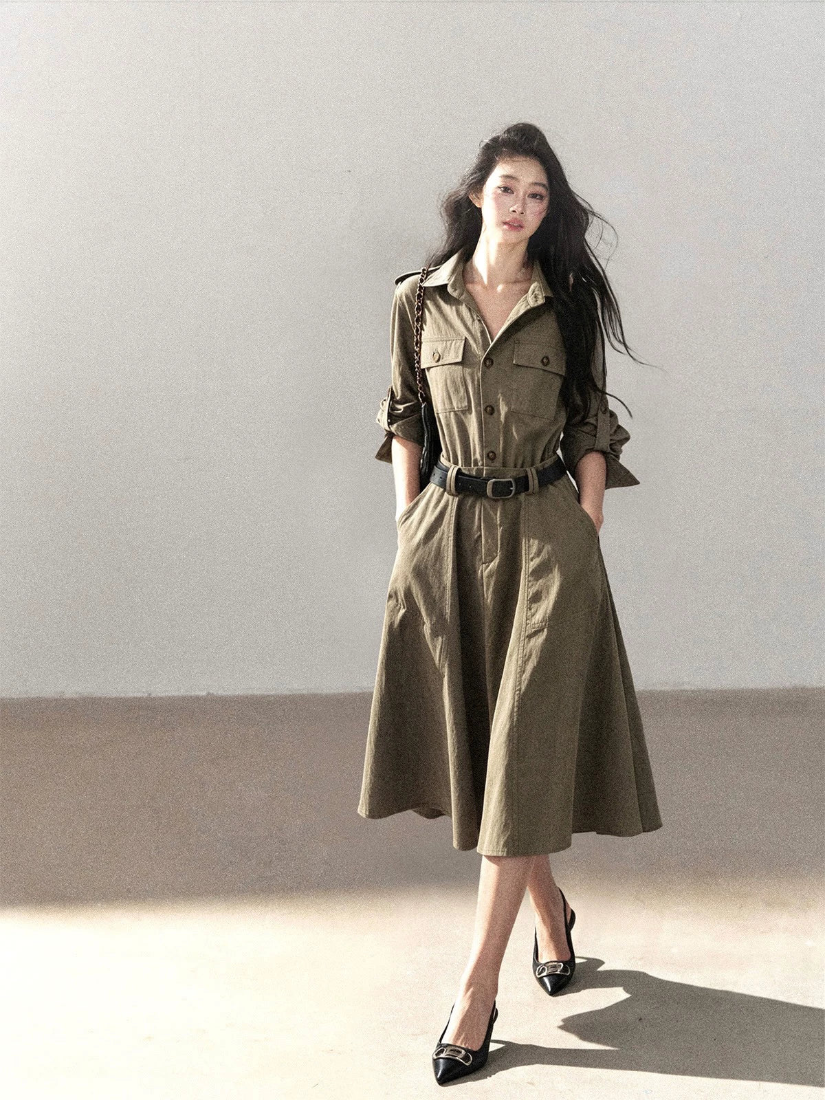 AOMALM - Sandstone Brown Utility Polo Shirt Dress with Belt