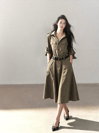 AOMALM - Sandstone Brown Utility Polo Shirt Dress with Belt