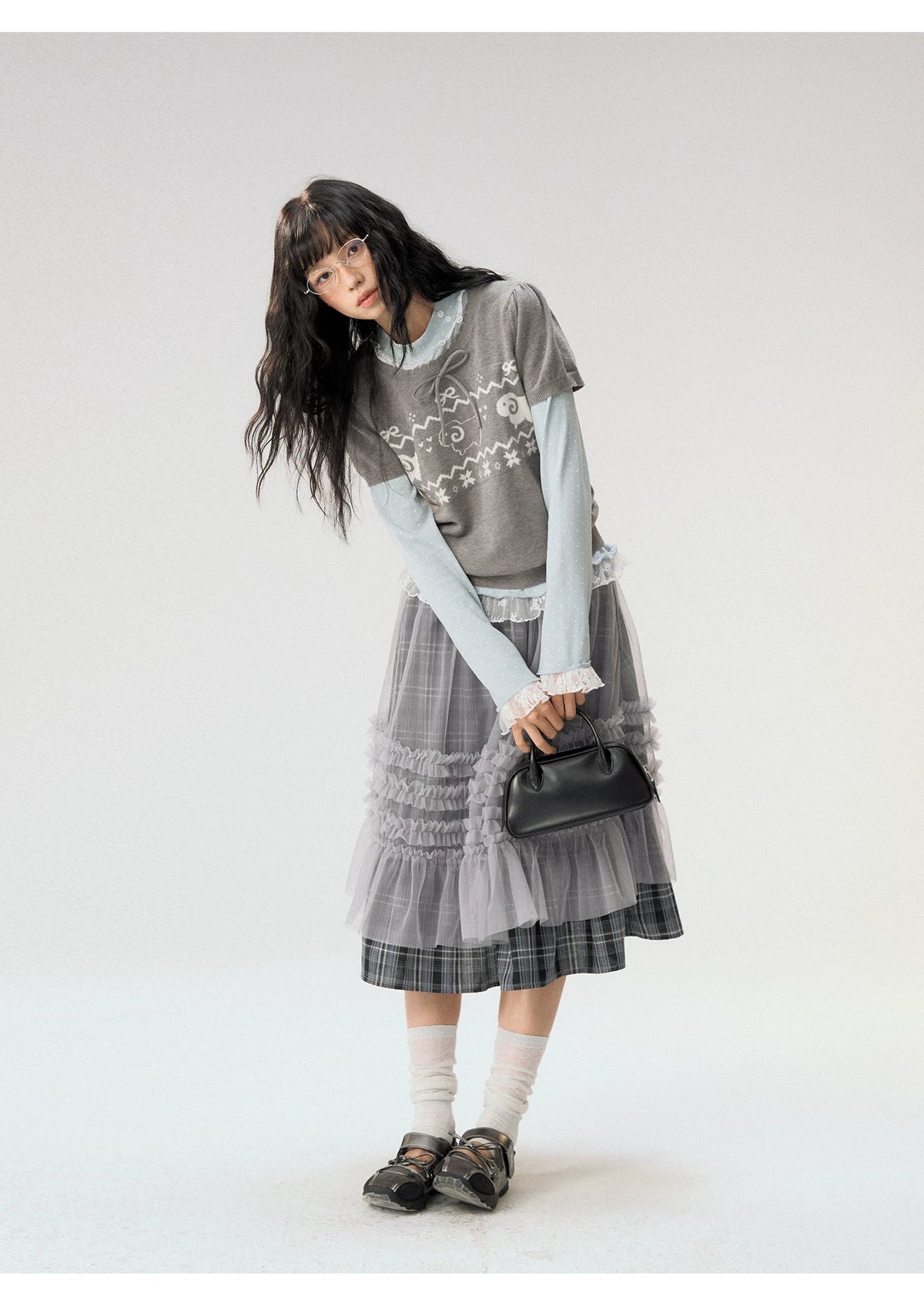 [CAN] "Little Lamb Adventure" Gray Jacquard Bow-Detail Short Sleeve Knit Top