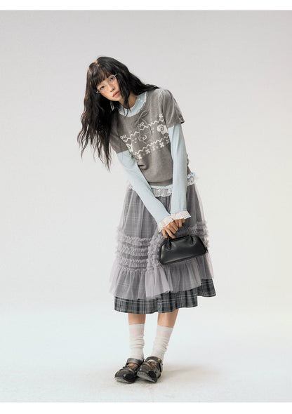 [CAN] "Little Lamb Adventure" Gray Jacquard Bow-Detail Short Sleeve Knit Top