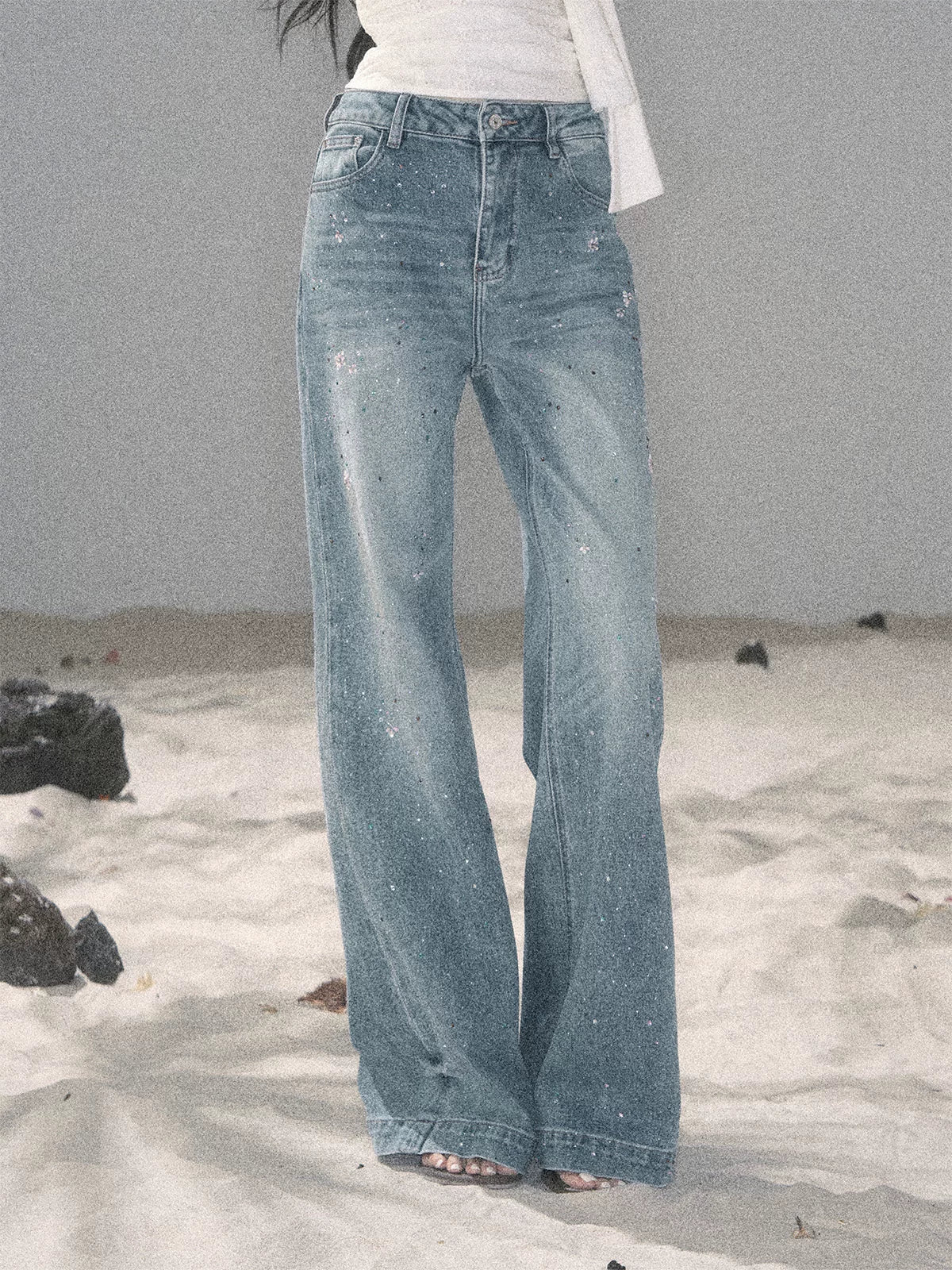 "Starlit River Shimmer" Distant Sky Blue Rhinestone Wide-Leg Jeans 65633