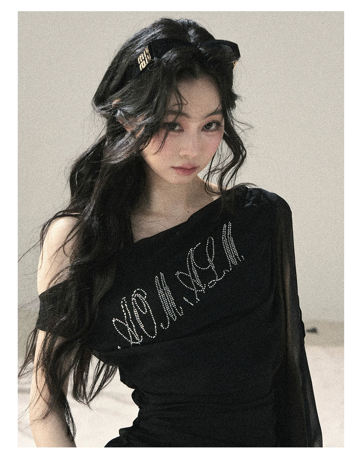 "Scattered Starlight" Midnight Black Off-Shoulder Mesh Waist-Cinched Top