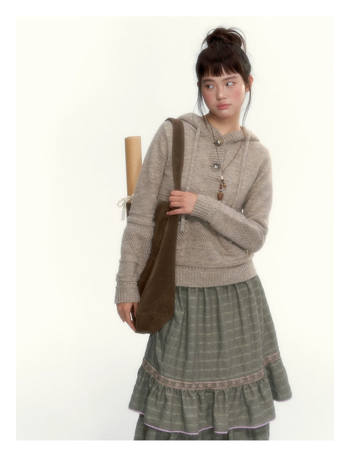 Dried Grass Green Vintage Lace Tiered A-Line Skirt