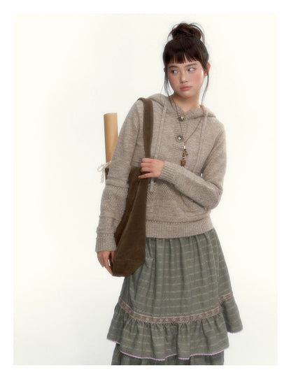 Dried Grass Green Vintage Lace Tiered A-Line Skirt