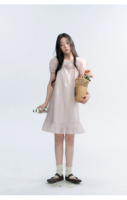 "Misty Wild Rose" Detachable Rose Lace Trim Puff Sleeve Midi Dress