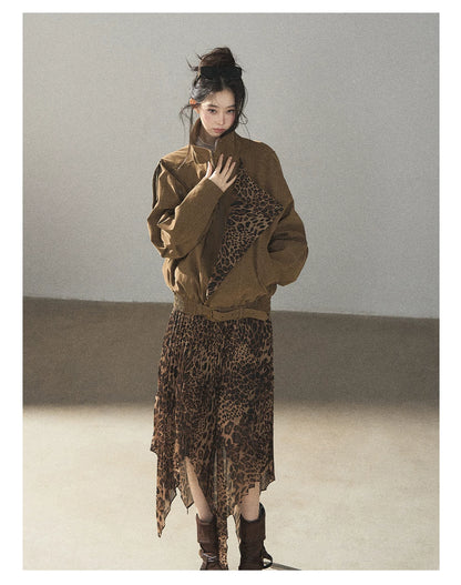 AOMALM - “Acorn & Fallen Leaves” Korean Leopard Print Chestnut Brown Faux Suede Jacket