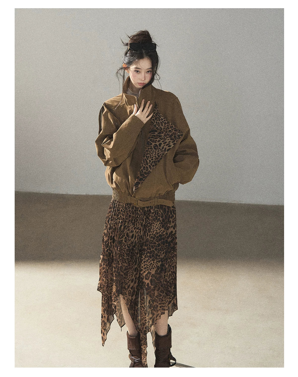 AOMALM - “Cocoa Leopard” Pleated Asymmetric Midi Skirt