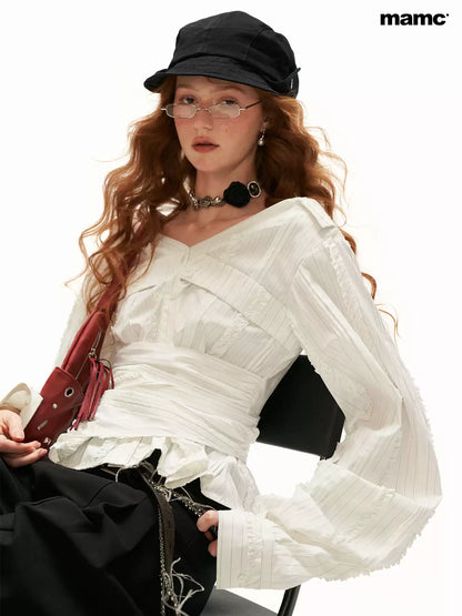 MAMC - White French-Inspired Ruffle Off-Shoulder Waist-Tie Blouse