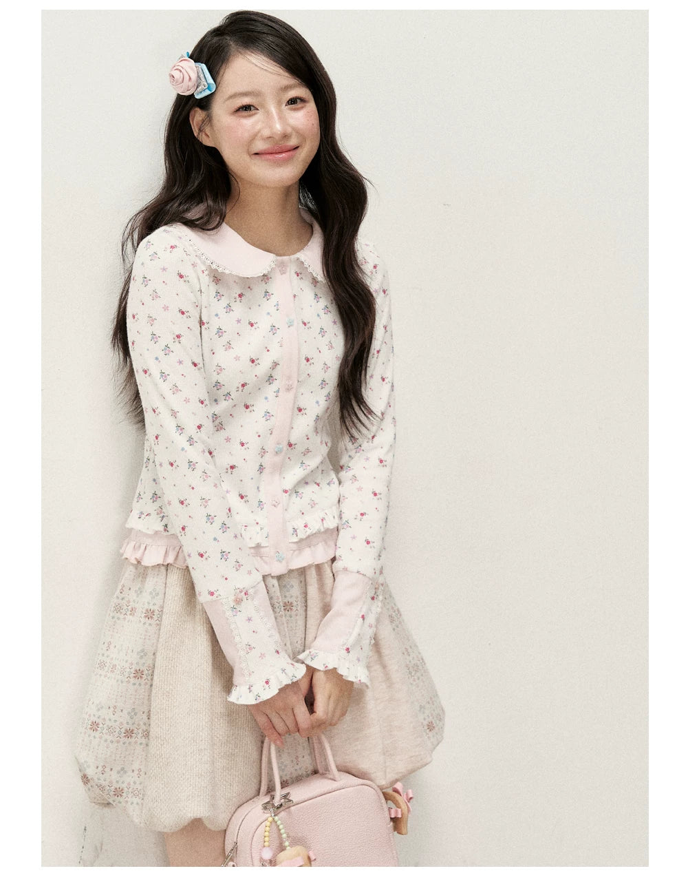 [RF] Waffle Texture Peter Pan Collar Floral Cardigan in Soft Pink