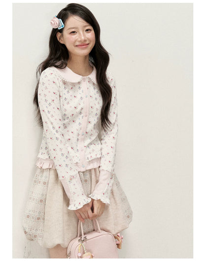 [RF] Waffle Texture Peter Pan Collar Floral Cardigan in Soft Pink