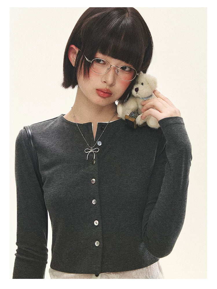 "Layered Blossom" Faux-Layer Knit Cardigan (Sakura Pink/ Heather Gray)