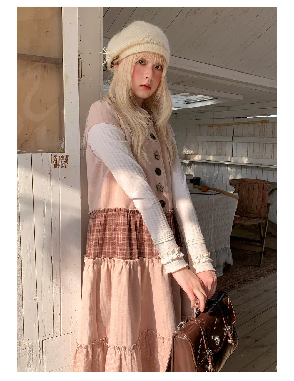 RF - Dusty Pink Patchwork Sleeveless A-Line Dress with Star Buttons