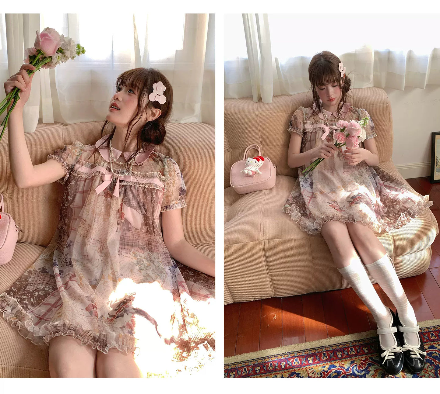 [RF] “Vintage Storybook” Light Brown Tea Patchwork Print Mini Dress