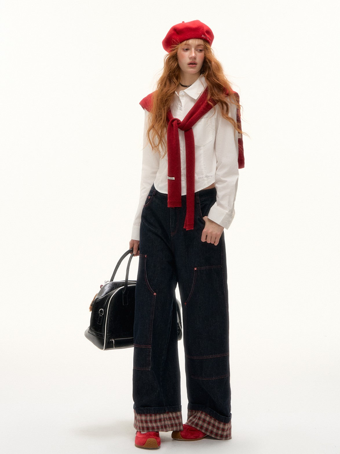 ASGONY - Preppy Embroidered Cropped Shirt (White)